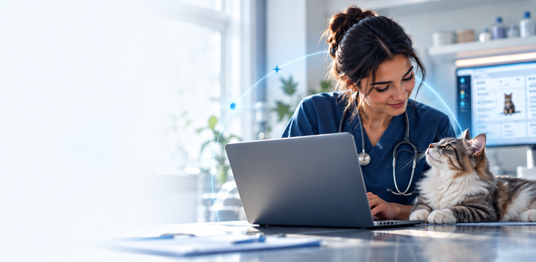 Profesional veterinaria trabajando junto a un gato y una laptop en una clínica