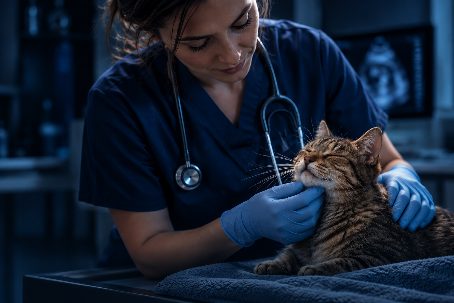 Profesional veterinaria cuidando a un gato en una clínica